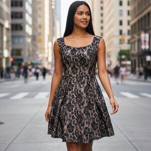 COCO AVANTE Black Lace Mini Dress L Nude Peplum Fit & Flare Skater Swing USA